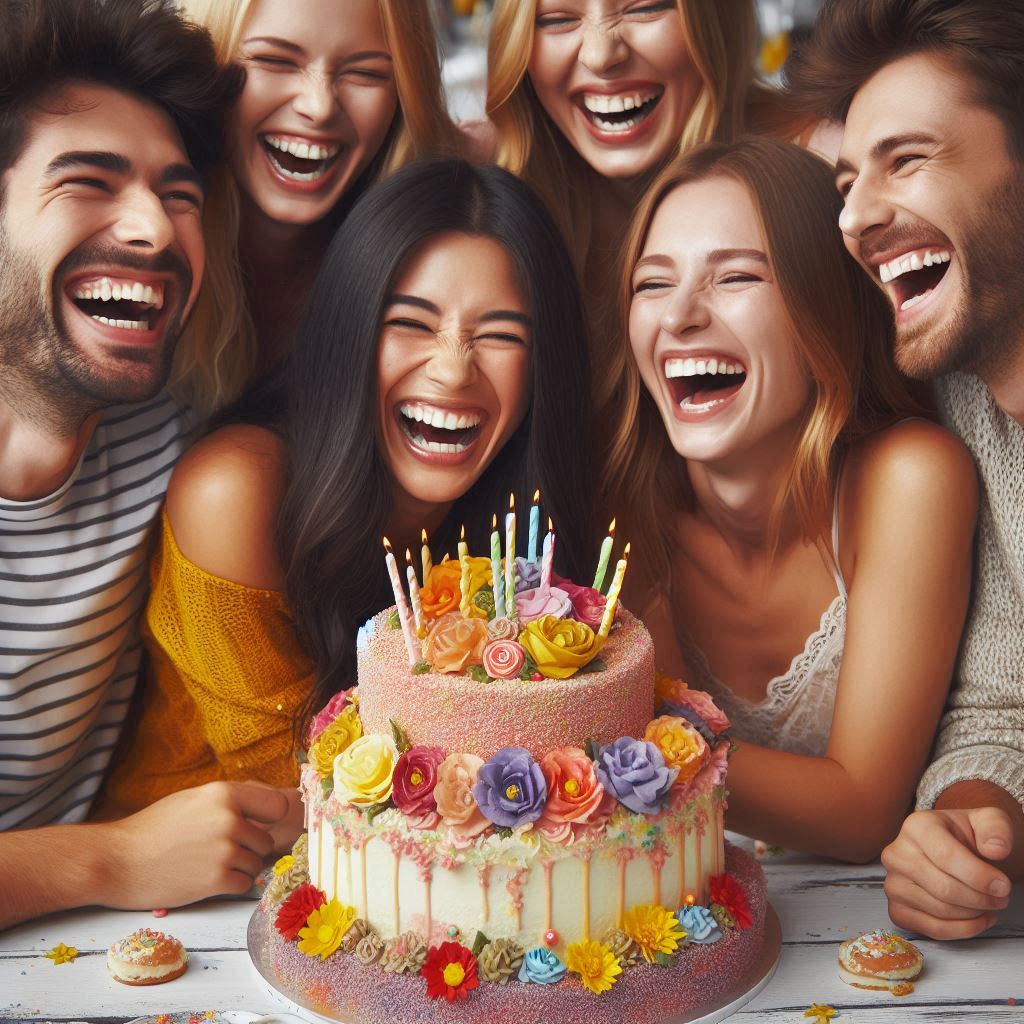 A picture of a decadent cake or a group of friends having fun