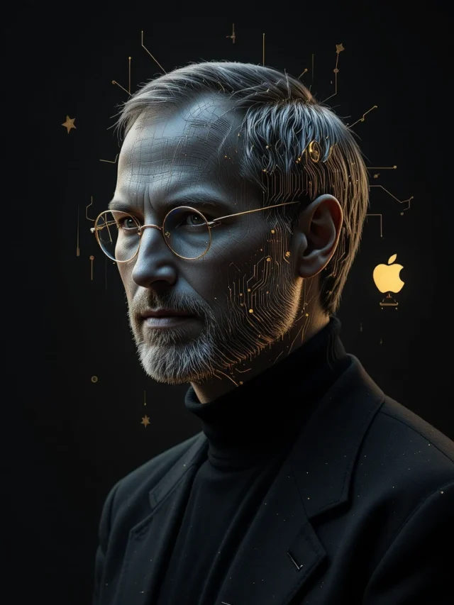 Holographic Steve Jobs with tech legacy symbols - inspirational cover image